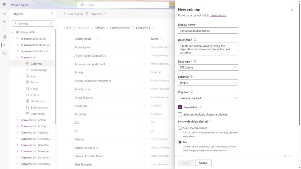 Customize the conversation table in Power Apps