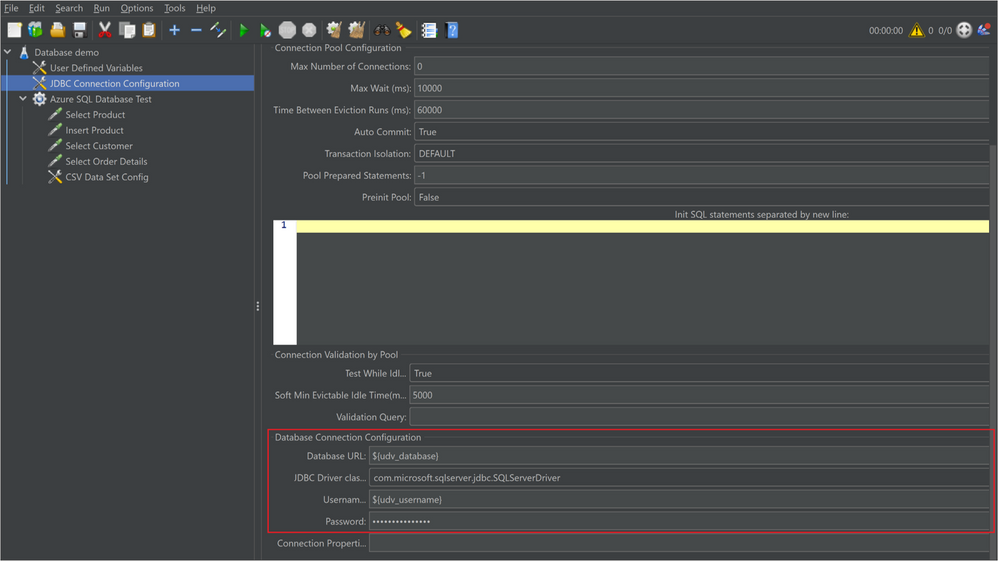 Screenshot of database configuration in JMeter GUI