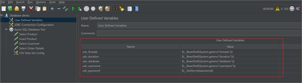 Screenshot of user defined variables in JMeter GUI