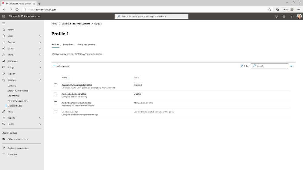An image of the Microsoft Edge management service portal