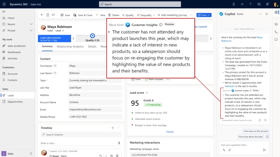 Dynamics 365 Sales screenshot showing a Copilot lead summary with information from Dynamics 365 Customer Insights – Data.