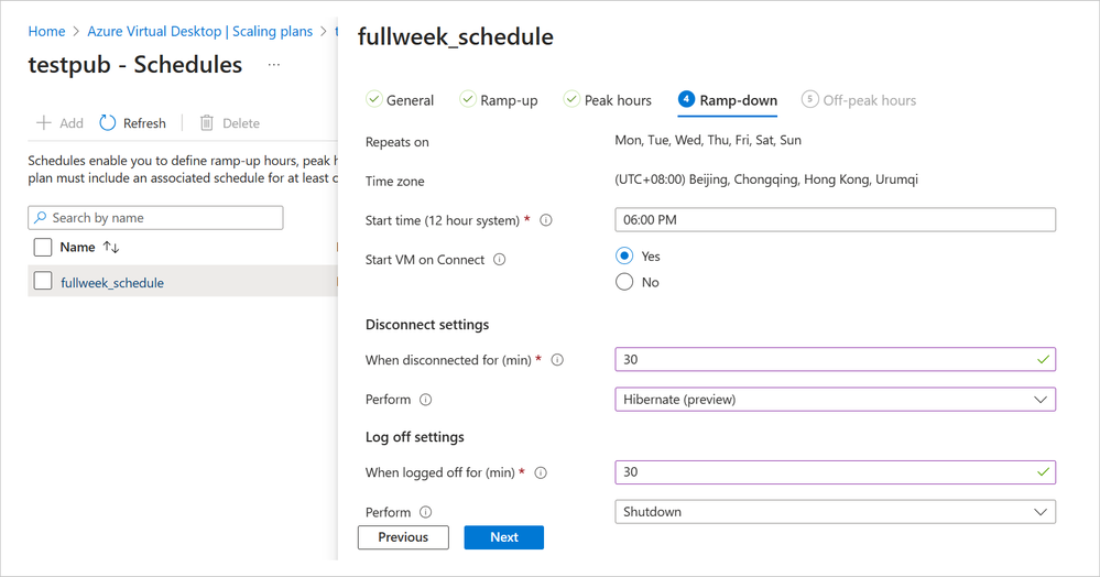 A screenshot of a scaling plan in Azure Virtual Desktop called “fullweek_schedule”. The ramp-down is shown as repeating every day of the week at 6:00 PM Beijing time, starting VM on Connect. Disconnect settings are set to hibernate at 30 minutes. Log off settings are set to shut down after 30 minutes.