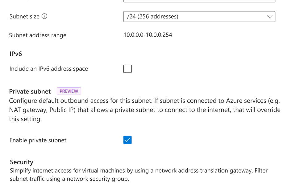 View of Azure portal with Private subnet selection