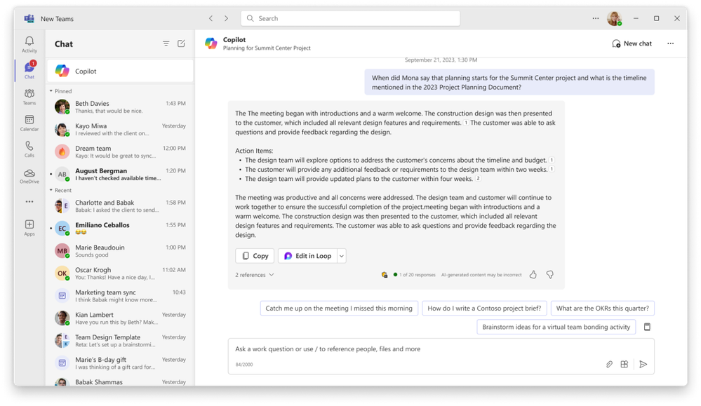 An image of the Copilot experience in Microsoft Teams, responding to a question based on the user's Graph data