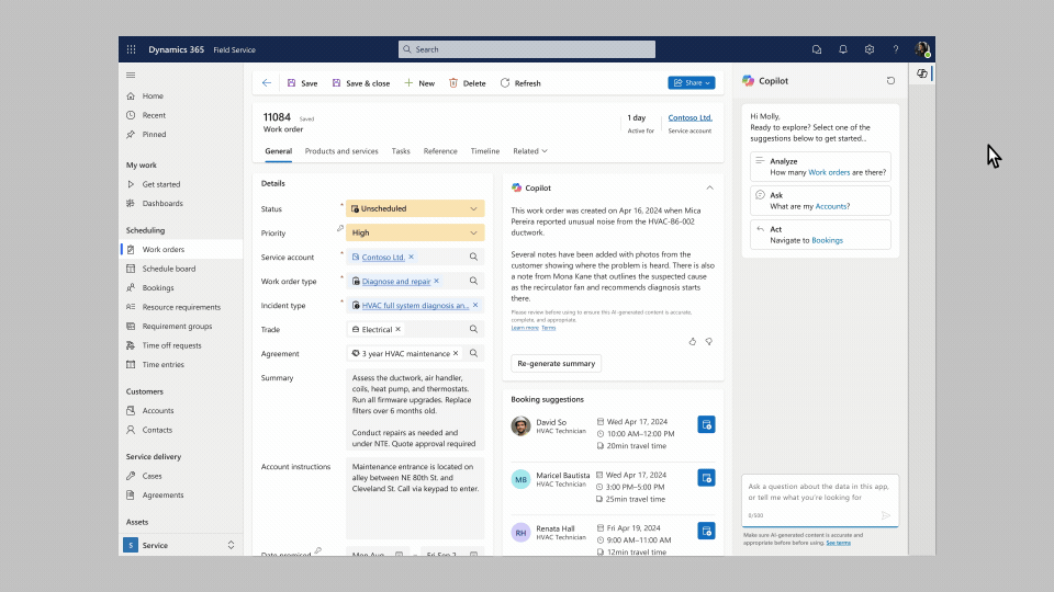 A manager interacts with Copilot in Dynamics 365 Field Service to find pertinent information such as a summary of the last work order