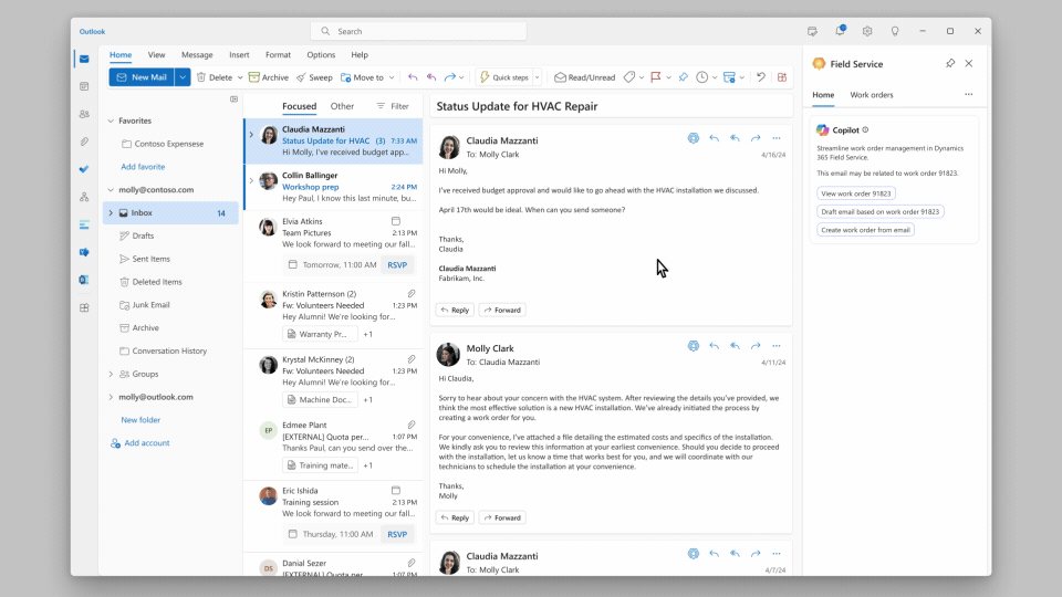 A manager gets help from Copilot to draft an email with scheduling suggestions for a work order in the flow of work in Outlook