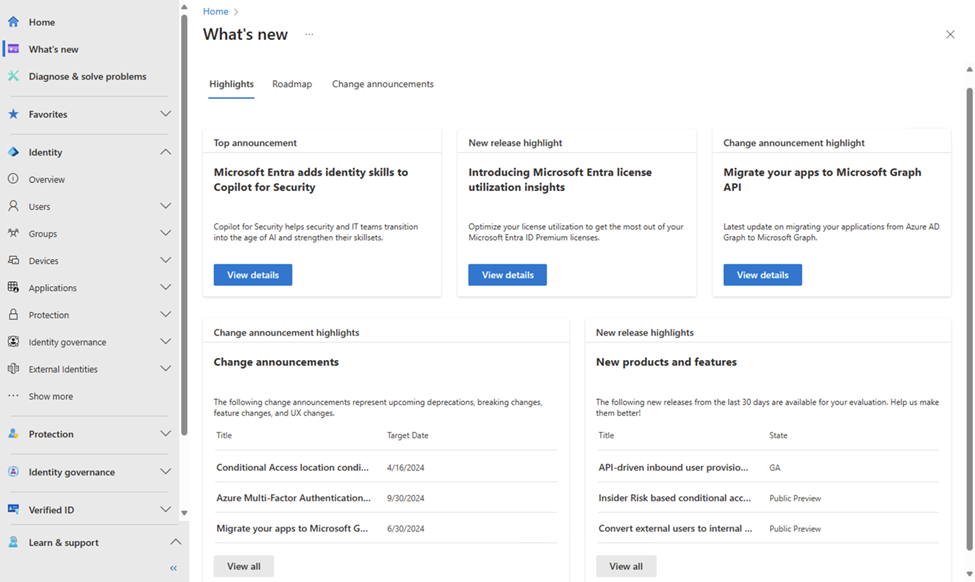 Figure 2: The highlights tab of what's new is a quick overview of key product launches and impactful changes.
