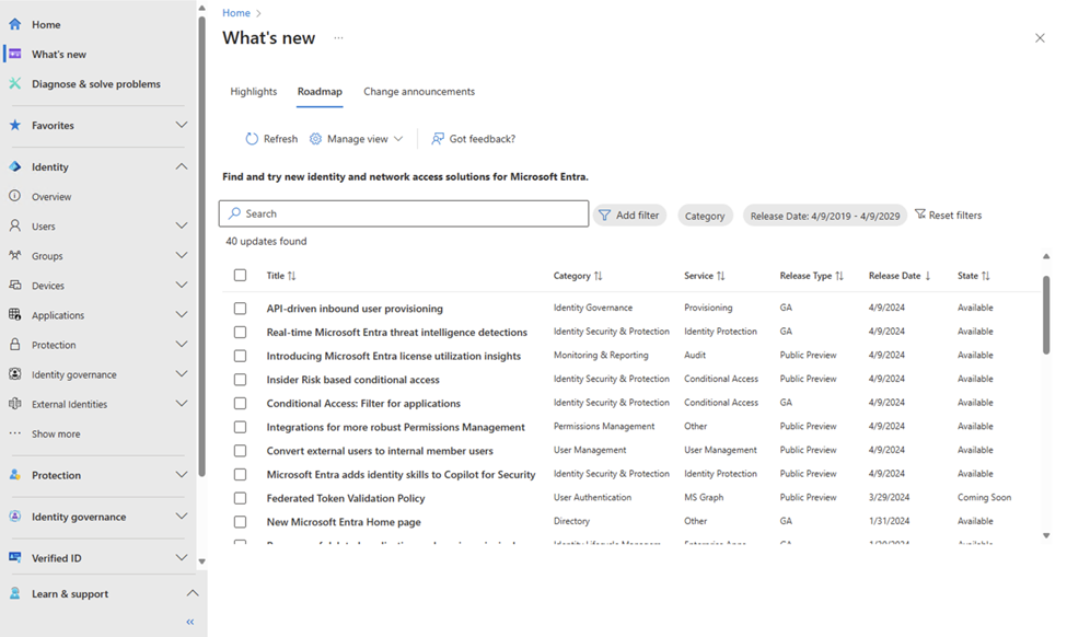Figure 4: The Roadmap tab lists the current public preview and recent general availability releases.