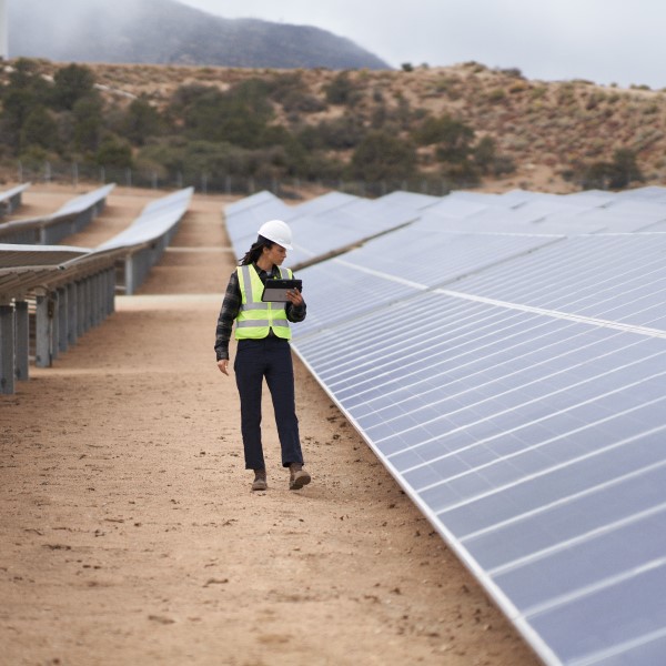 A field employee walking outside by solar panels, holding a tablet
