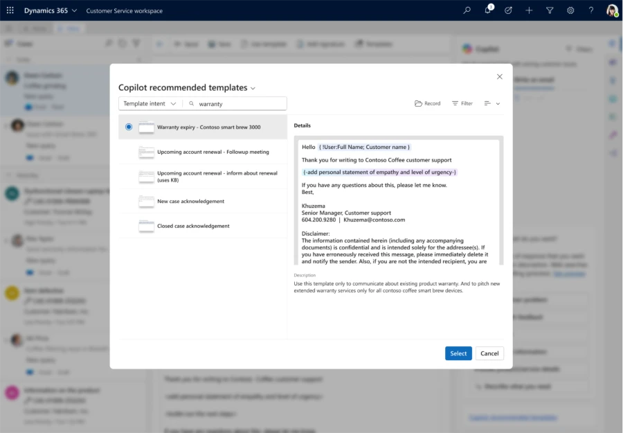 Copilot-powered email template recommendations and details
